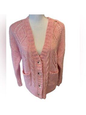 Cliche cardigan sweater size large pink with flowers embroidered over buttons